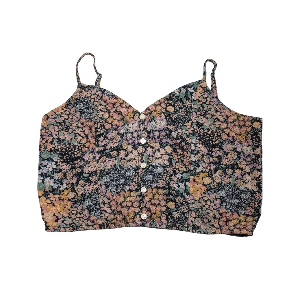 American Eagle Floral Button Front Cami Crop Top Black Pink Small